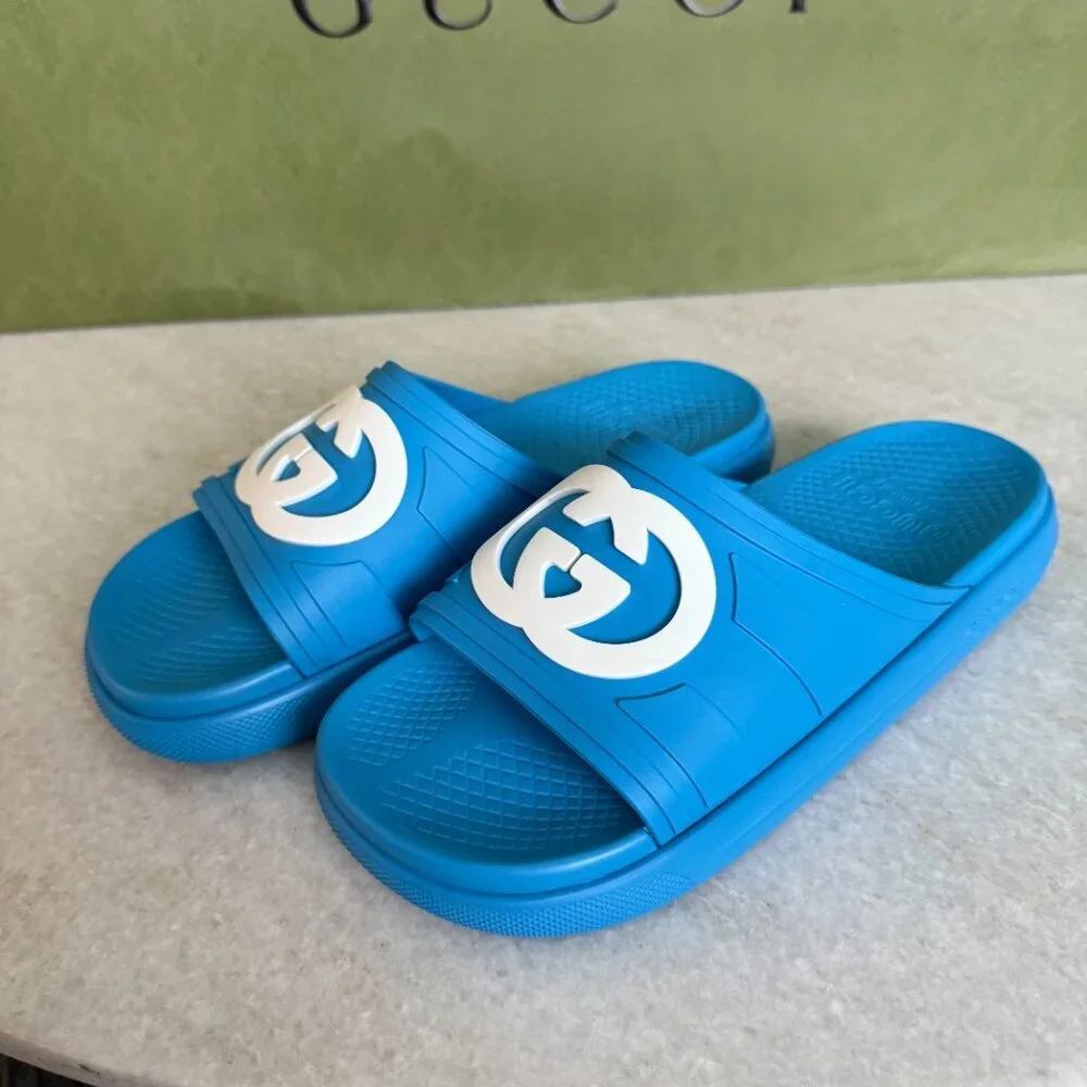 GUCCI 780296 Blue Rubber‎ Men's GG Sandals, sz Gucci 7